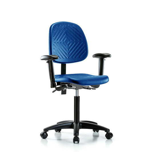 Blue Ridge Ergonomics PMBCH-MB-RG-T1-A1-NF-RC-BLU Polyurethane Chair - Medium Bench Height with Medium Back, Seat Tilt, Adjustable Arms, & Casters in Blue Polyurethane