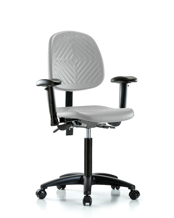 Blue Ridge Ergonomics PMBCH-MB-RG-T1-A1-NF-RC-GRY Polyurethane Chair - Medium Bench Height with Medium Back, Seat Tilt, Adjustable Arms, & Casters in Gray Polyurethane