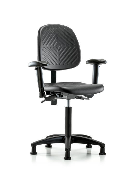 Blue Ridge Ergonomics PMBCH-MB-RG-T1-A1-NF-RG-BLK Polyurethane Chair - Medium Bench Height with Medium Back, Seat Tilt, Adjustable Arms, & Stationary Glides in Black Polyurethane