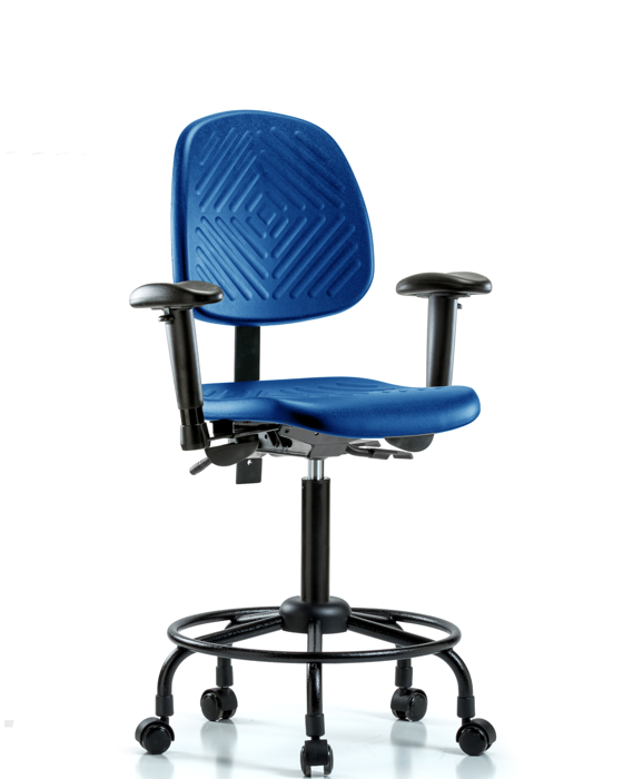 Blue Ridge Ergonomics PMBCH-MB-RT-T0-A1-RC-BLU Polyurethane Chair with Round Tube Base - Medium Bench Height with Medium Back, Adjustable Arms, & Casters in Blue Polyurethane
