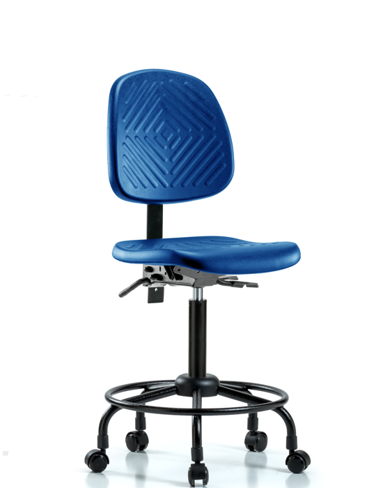 Blue Ridge Ergonomics PMBCH-MB-RT-T1-A0-RC-BLU Polyurethane Chair with Round Tube Base - Medium Bench Height with Medium Back, Seat Tilt, & Casters in Blue Polyurethane