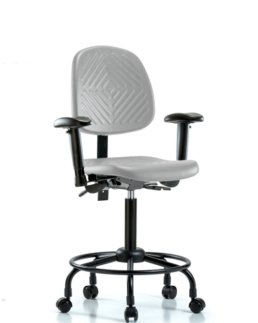 Blue Ridge Ergonomics PMBCH-MB-RT-T1-A1-RC-GRY Polyurethane Chair with Round Tube Base - Medium Bench Height with Medium Back, Seat Tilt, Adjustable Arms, & Casters in Gray Polyurethane