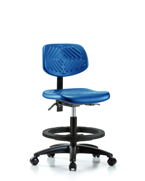 Blue Ridge Ergonomics PMBCH-RG-T0-A0-BF-RC-BLU Polyurethane Chair - Medium Bench Height with Black Foot Ring & Casters in Blue Polyurethane