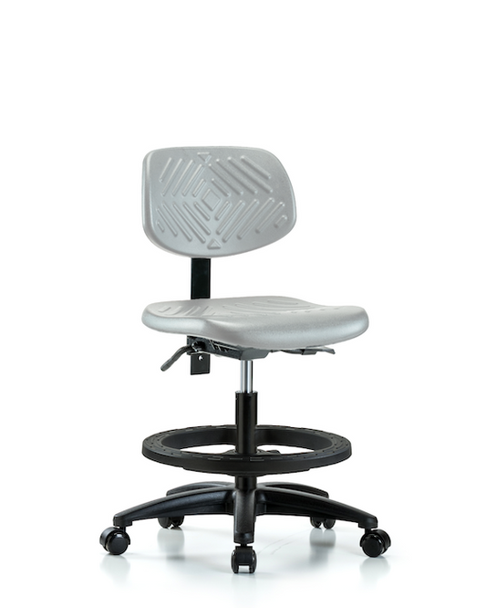 Blue Ridge Ergonomics PMBCH-RG-T0-A0-BF-RC-GRY Polyurethane Chair - Medium Bench Height with Black Foot Ring & Casters in Gray Polyurethane