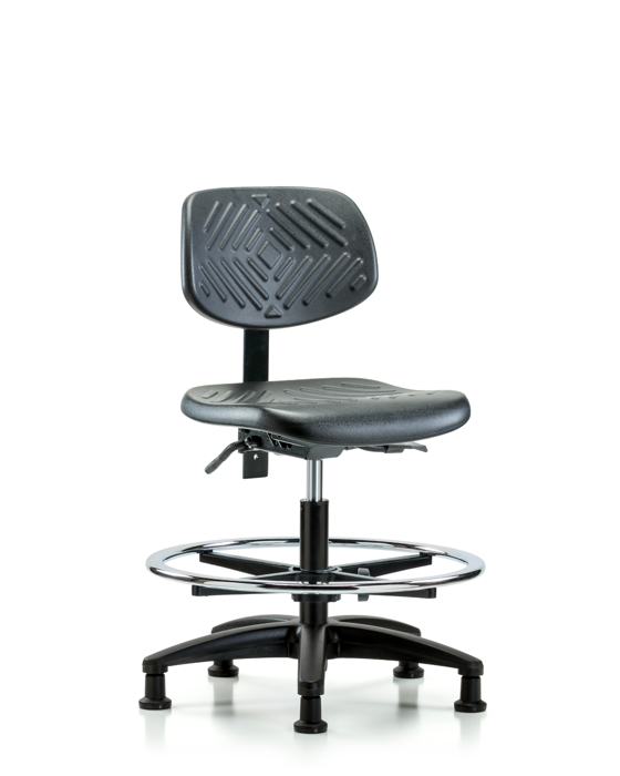 Blue Ridge Ergonomics PMBCH-RG-T0-A0-CF-RG-BLK Polyurethane Chair - Medium Bench Height with Chrome Foot Ring & Stationary Glides in Black Polyurethane