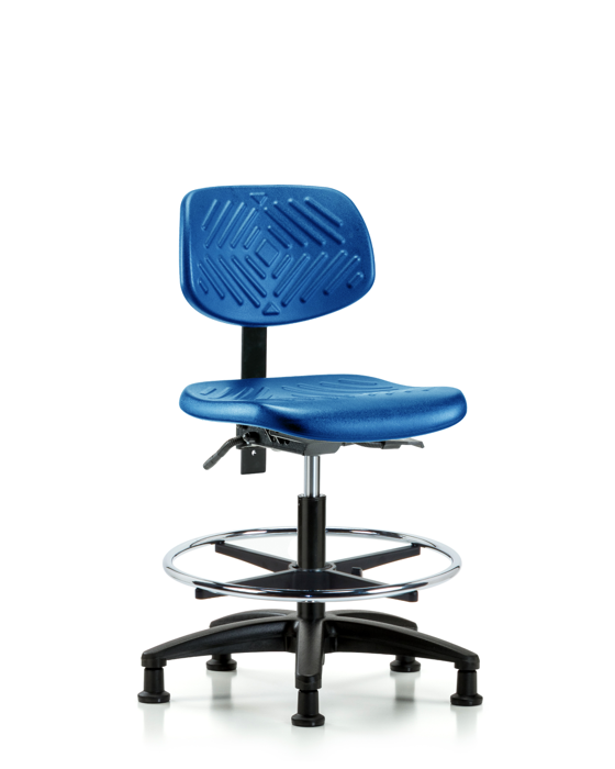 Blue Ridge Ergonomics PMBCH-RG-T0-A0-CF-RG-BLU Polyurethane Chair - Medium Bench Height with Chrome Foot Ring & Stationary Glides in Blue Polyurethane