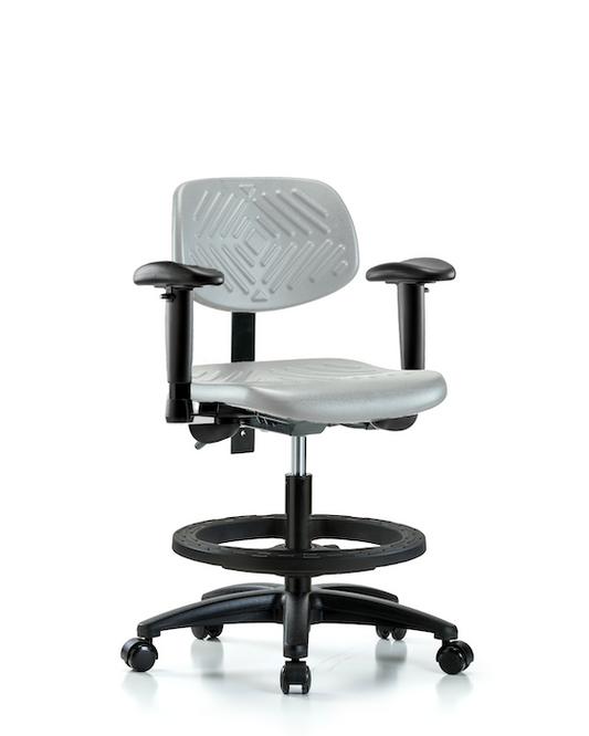 Blue Ridge Ergonomics PMBCH-RG-T0-A1-BF-RC-GRY Polyurethane Chair - Medium Bench Height with Adjustable Arms, Black Foot Ring, & Casters in Gray Polyurethane