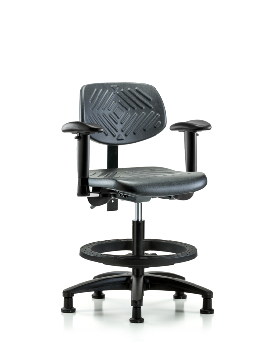 Blue Ridge Ergonomics PMBCH-RG-T0-A1-BF-RG-BLK Polyurethane Chair - Medium Bench Height with Adjustable Arms, Black Foot Ring, & Stationary Glides in Black Polyurethane