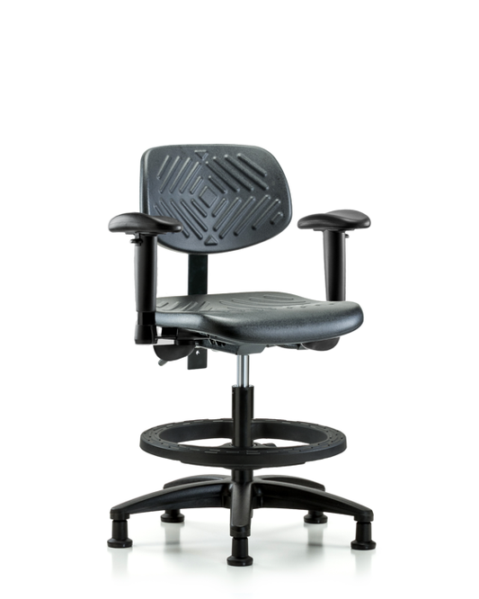 Blue Ridge Ergonomics PMBCH-RG-T0-A1-BF-RG-BLK Polyurethane Chair - Medium Bench Height with Adjustable Arms, Black Foot Ring, & Stationary Glides in Black Polyurethane