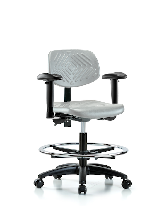 Blue Ridge Ergonomics PMBCH-RG-T0-A1-CF-RC-GRY Polyurethane Chair - Medium Bench Height with Adjustable Arms, Chrome Foot Ring, & Casters in Gray Polyurethane