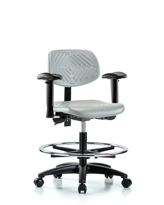 Blue Ridge Ergonomics PMBCH-RG-T0-A1-CF-RC-GRY Polyurethane Chair - Medium Bench Height with Adjustable Arms, Chrome Foot Ring, & Casters in Gray Polyurethane