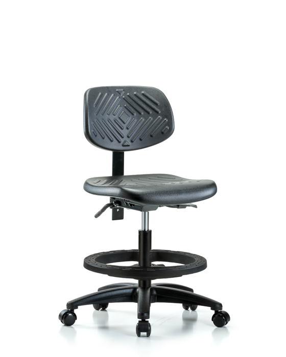 Blue Ridge Ergonomics PMBCH-RG-T1-A0-BF-RC-BLK Polyurethane Chair - Medium Bench Height with Seat Tilt, Black Foot Ring, & Casters in Black Polyurethane