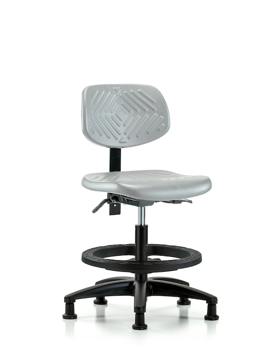 Blue Ridge Ergonomics PMBCH-RG-T1-A0-BF-RG-GRY Polyurethane Chair - Medium Bench Height with Seat Tilt, Black Foot Ring, & Stationary Glides in Gray Polyurethane