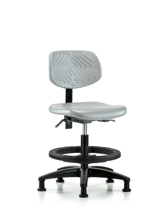 Blue Ridge Ergonomics PMBCH-RG-T1-A0-BF-RG-GRY Polyurethane Chair - Medium Bench Height with Seat Tilt, Black Foot Ring, & Stationary Glides in Gray Polyurethane