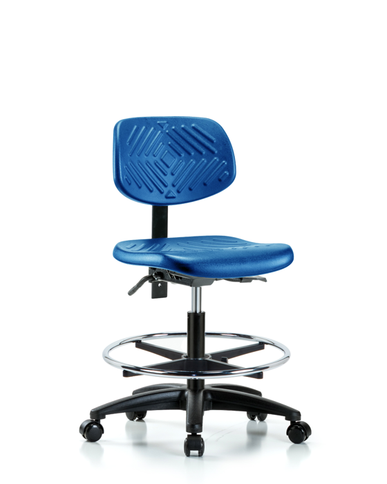 Blue Ridge Ergonomics PMBCH-RG-T1-A0-CF-RC-BLU Polyurethane Chair - Medium Bench Height with Seat Tilt, Chrome Foot Ring, & Casters in Blue Polyurethane
