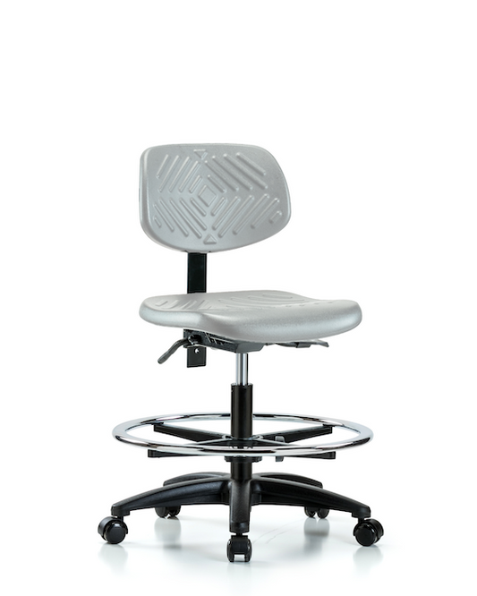 Blue Ridge Ergonomics PMBCH-RG-T1-A0-CF-RC-GRY Polyurethane Chair - Medium Bench Height with Seat Tilt, Chrome Foot Ring, & Casters in Gray Polyurethane