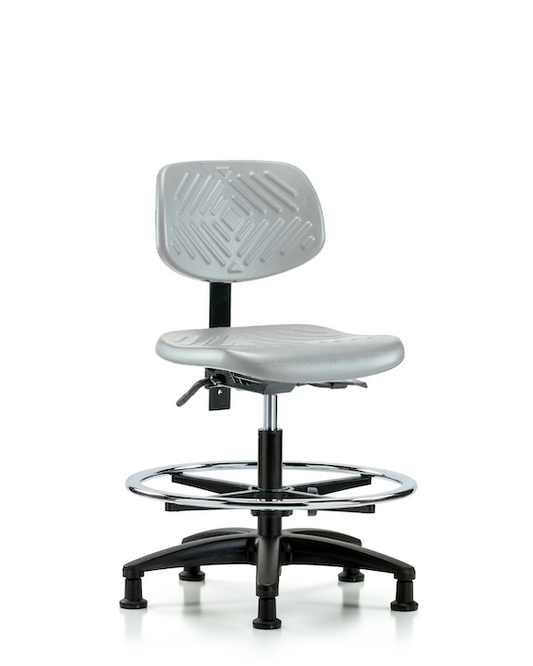 Blue Ridge Ergonomics PMBCH-RG-T1-A0-CF-RG-GRY Polyurethane Chair - Medium Bench Height with Seat Tilt, Chrome Foot Ring, & Stationary Glides in Gray Polyurethane