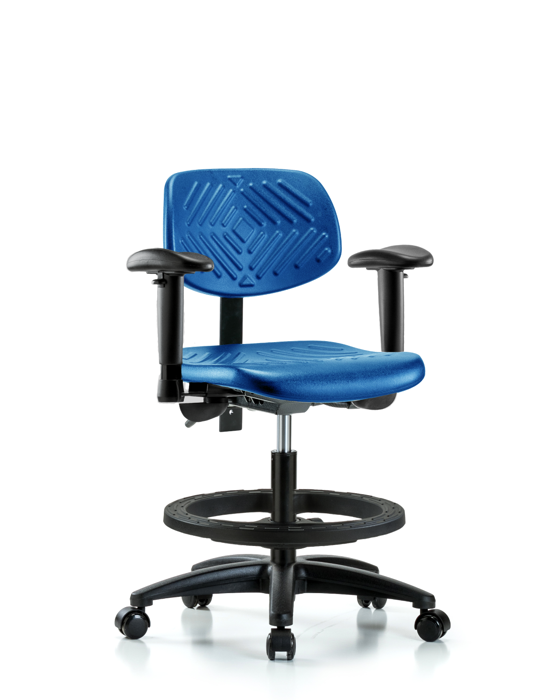 Blue Ridge Ergonomics PMBCH-RG-T1-A1-BF-RC-BLU Polyurethane Chair - Medium Bench Height with Seat Tilt, Adjustable Arms, Black Foot Ring, & Casters in Blue Polyurethane