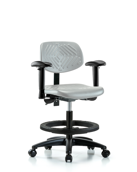 Blue Ridge Ergonomics PMBCH-RG-T1-A1-BF-RC-GRY Polyurethane Chair - Medium Bench Height with Seat Tilt, Adjustable Arms, Black Foot Ring, & Casters in Gray Polyurethane