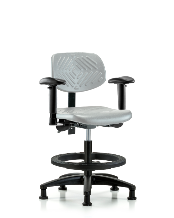 Blue Ridge Ergonomics PMBCH-RG-T1-A1-BF-RG-GRY Polyurethane Chair - Medium Bench Height with Seat Tilt, Adjustable Arms, Black Foot Ring, & Stationary Glides in Gray Polyurethane
