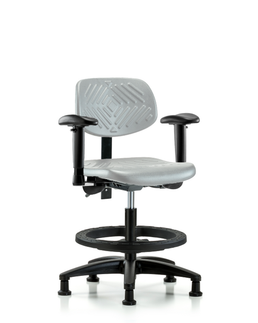 Blue Ridge Ergonomics PMBCH-RG-T1-A1-BF-RG-GRY Polyurethane Chair - Medium Bench Height with Seat Tilt, Adjustable Arms, Black Foot Ring, & Stationary Glides in Gray Polyurethane