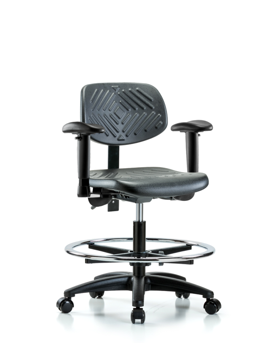 Blue Ridge Ergonomics PMBCH-RG-T1-A1-CF-RC-BLK Polyurethane Chair - Medium Bench Height with Seat Tilt, Adjustable Arms, Chrome Foot Ring, & Casters in Black Polyurethane