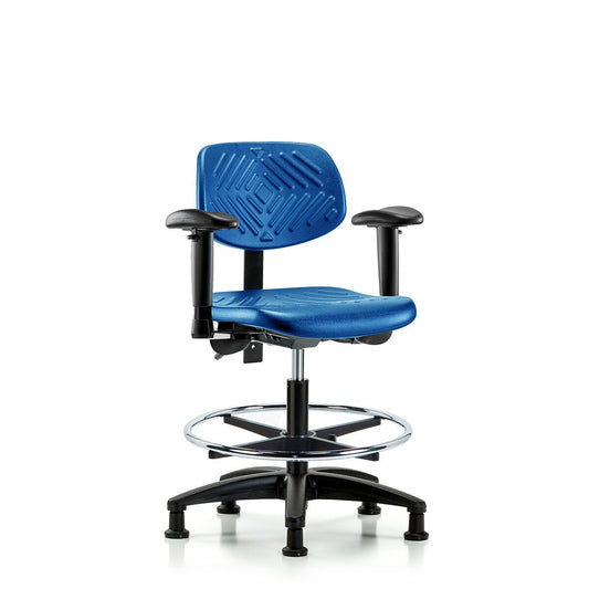 Blue Ridge Ergonomics PMBCH-RG-T1-A1-CF-RG-BLU Polyurethane Chair - Medium Bench Height with Seat Tilt, Adjustable Arms, Chrome Foot Ring, & Stationary Glides in Blue Polyurethane