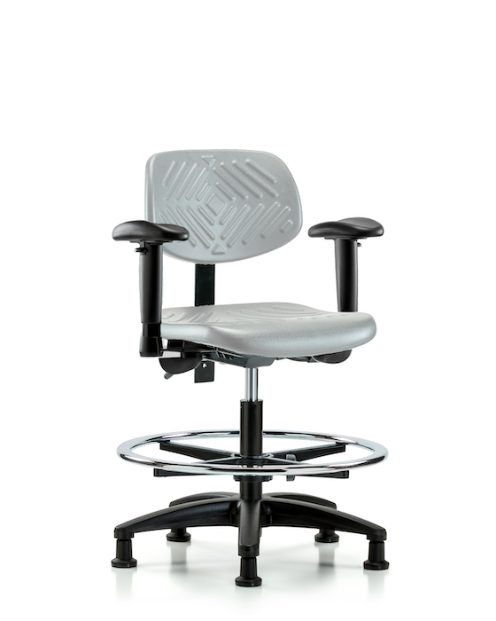 Blue Ridge Ergonomics PMBCH-RG-T1-A1-CF-RG-GRY Polyurethane Chair - Medium Bench Height with Seat Tilt, Adjustable Arms, Chrome Foot Ring, & Stationary Glides in Gray Polyurethane