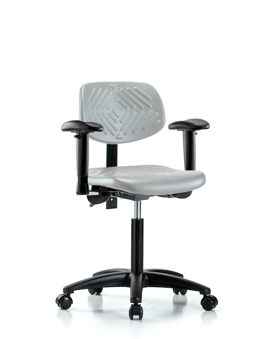 Blue Ridge Ergonomics PMBCH-RG-T1-A1-NF-RC-GRY Polyurethane Chair - Medium Bench Height with Seat Tilt, Adjustable Arms, & Casters in Gray Polyurethane