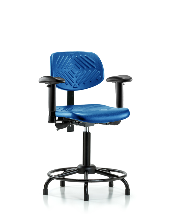 Blue Ridge Ergonomics PMBCH-RT-T0-A1-RG-BLU Polyurethane Chair Round Tube Base - Medium Bench Height with Adjustable Arms & Stationary Glides in Blue Polyurethane