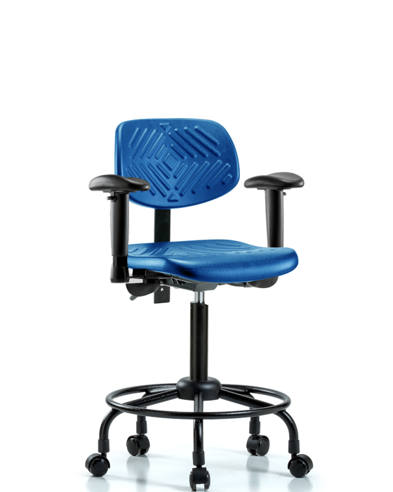 Blue Ridge Ergonomics PMBCH-RT-T1-A1-RC-BLU Polyurethane Chair Round Tube Base - Medium Bench Height with Seat Tilt, Adjustable Arms, & Casters in Blue Polyurethane