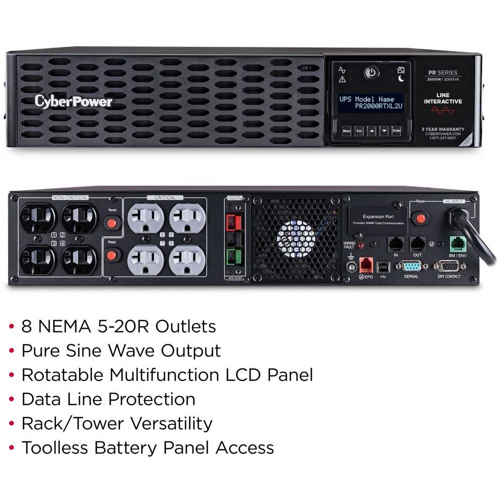 CyberPower PR2000RTXL2UTAA TAA Compliant UPS Systems - 2000VA/2000W, 120 VAC, NEMA 5-20P, 2U, Rack / Tower, Sine Wave, 8 Outlets, LCD, PowerPanel® Business, $400000 CEG, 3YR Warranty