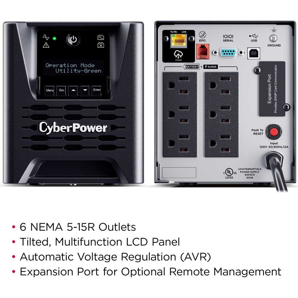 CyberPower PR750LCD3C Smart App Sinewave 750VA Mini-tower UPS - Mini-tower - AVR - 8 Hour Recharge - 3.30 Minute Stand-by - 120 V AC Input - 120 V AC Output - Sine Wave - Serial Port - USB - LCD Display - 6 x NEMA 5-15R