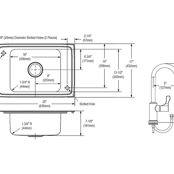 Elkay PSDKR2517C Celebrity® Stainless Steel 25" x 17" x 7-1/8" 2-Hole Single Bowl Drop-in Classroom Sink and Faucet / Bubbler Kit