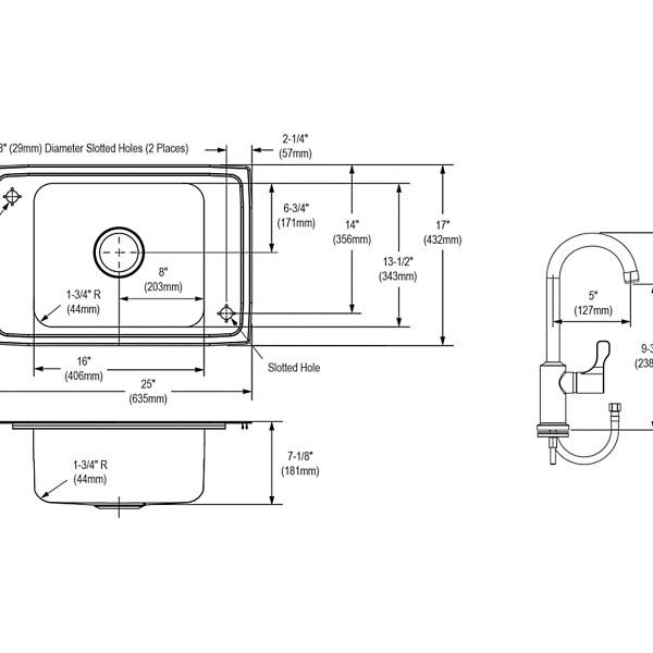 Elkay PSDKR2517VRC Celebrity Stainless Steel 25" x 17" x 7-1/8" 2-Hole Single Bowl Drop-in Classroom Sink and Faucet Kit