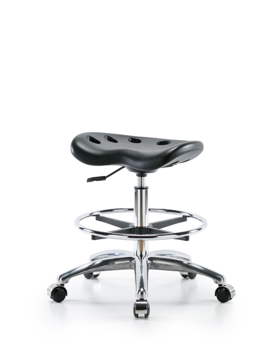 Blue Ridge Ergonomics PTMBSL-CR-CF-CC-BLK Polyurethane Tractor Stool Chrome - Medium Bench Height with Chrome Foot Ring & Chrome Casters in Black Polyurethane