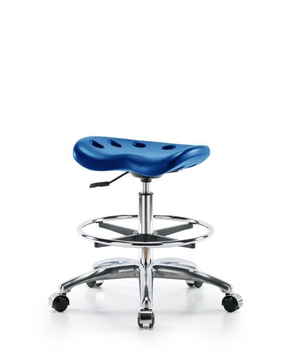 Blue Ridge Ergonomics PTMBSL-CR-CF-CC-BLU Polyurethane Tractor Stool Chrome - Medium Bench Height with Chrome Foot Ring & Chrome Casters in Blue Polyurethane