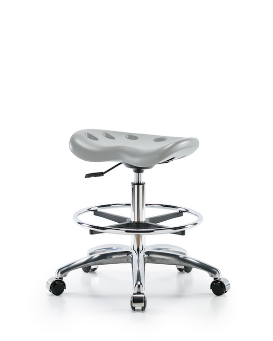 Blue Ridge Ergonomics PTMBSL-CR-CF-CC-GRY Polyurethane Tractor Stool Chrome - Medium Bench Height with Chrome Foot Ring & Chrome Casters in Gray Polyurethane