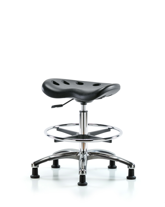 Blue Ridge Ergonomics PTMBSL-CR-CF-RG-BLK Polyurethane Tractor Stool Chrome - Medium Bench Height with Chrome Foot Ring & Stationary Glides in Black Polyurethane