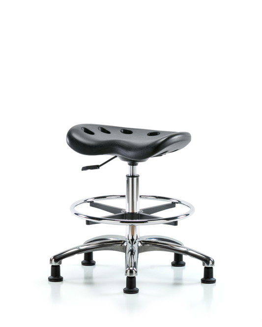 Blue Ridge Ergonomics PTMBSL-CR-CF-RG-BLK Polyurethane Tractor Stool Chrome - Medium Bench Height with Chrome Foot Ring & Stationary Glides in Black Polyurethane