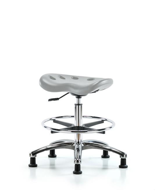 Blue Ridge Ergonomics PTMBSL-CR-CF-RG-GRY Polyurethane Tractor Stool Chrome - Medium Bench Height with Chrome Foot Ring & Stationary Glides in Gray Polyurethane
