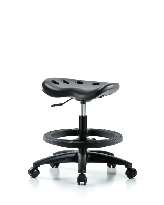 Blue Ridge Ergonomics PTMBSL-RG-BF-RC-BLK Polyurethane Tractor Stool - Medium Bench Height with Black Foot Ring & Casters in Black Polyurethane
