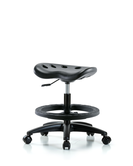 Blue Ridge Ergonomics PTMBSL-RG-BF-RC-BLK Polyurethane Tractor Stool - Medium Bench Height with Black Foot Ring & Casters in Black Polyurethane