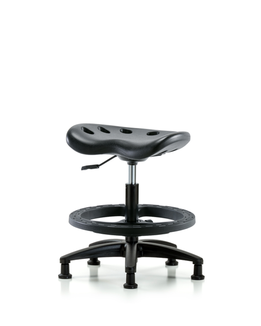 Blue Ridge Ergonomics PTMBSL-RG-BF-RG-BLK Polyurethane Tractor Stool - Medium Bench Height with Black Foot Ring & Stationary Glides in Black Polyurethane