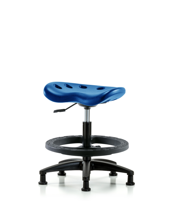 Blue Ridge Ergonomics PTMBSL-RG-BF-RG-BLU Polyurethane Tractor Stool - Medium Bench Height with Black Foot Ring & Stationary Glides in Blue Polyurethane