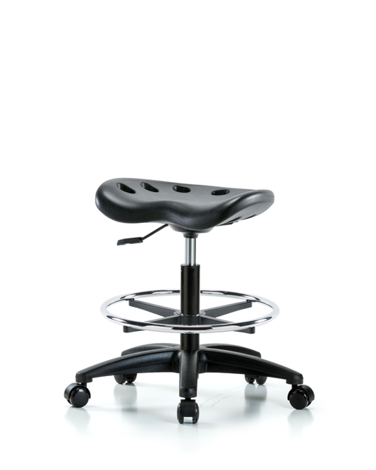 Blue Ridge Ergonomics PTMBSL-RG-CF-RC-BLK Polyurethane Tractor Stool - Medium Bench Height with Chrome Foot Ring & Casters in Black Polyurethane