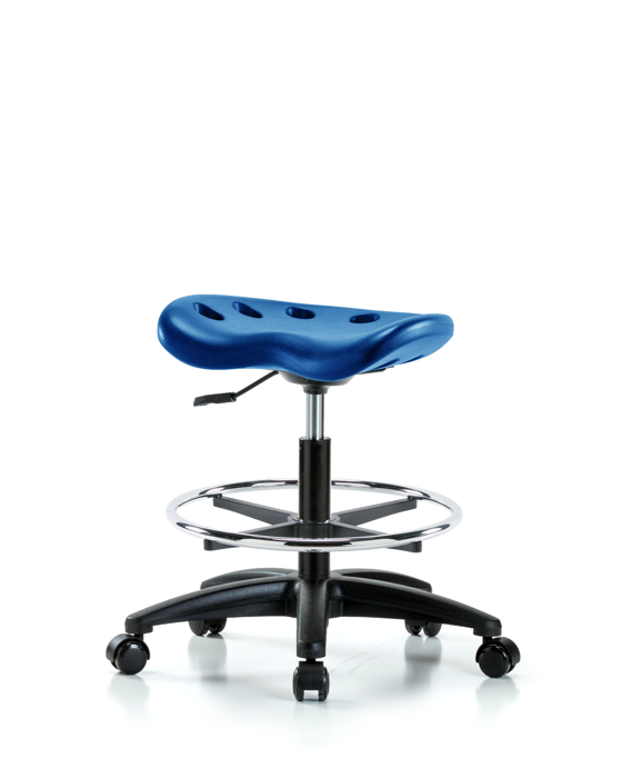 Blue Ridge Ergonomics PTMBSL-RG-CF-RC-BLU Polyurethane Tractor Stool - Medium Bench Height with Chrome Foot Ring & Casters in Blue Polyurethane