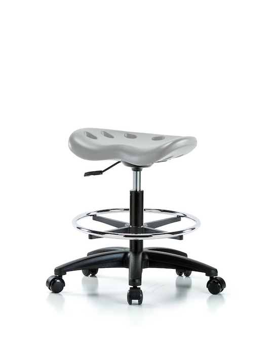 Blue Ridge Ergonomics PTMBSL-RG-CF-RC-GRY Polyurethane Tractor Stool - Medium Bench Height with Chrome Foot Ring & Casters in Gray Polyurethane