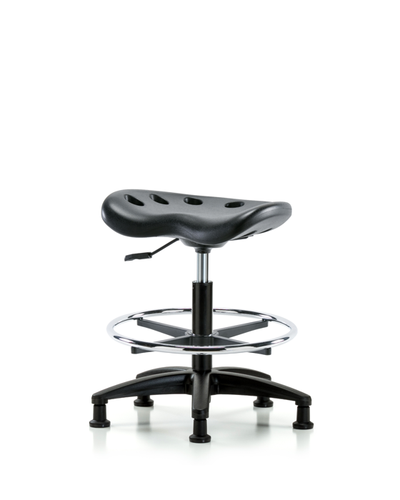 Blue Ridge Ergonomics PTMBSL-RG-CF-RG-BLK Polyurethane Tractor Stool - Medium Bench Height with Chrome Foot Ring & Stationary Glides in Black Polyurethane
