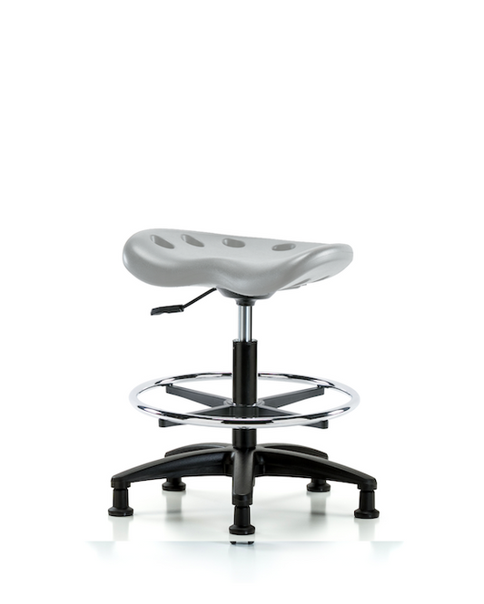 Blue Ridge Ergonomics PTMBSL-RG-CF-RG-GRY Polyurethane Tractor Stool - Medium Bench Height with Chrome Foot Ring & Stationary Glides in Gray Polyurethane
